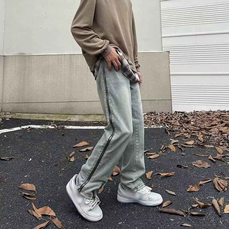 2023 new fashion side zipper hip hop men stretch jeans pants streetwear washed retro straight women denim trousers ropa hombre unique jeans style 727