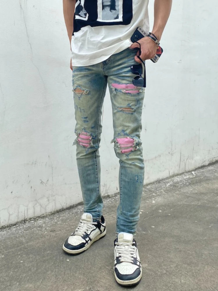 destroied ripped holes patckwork denim jean mens casual distressed washed biker jeans new fashion high street slim pants joggers unique joggers style 3380
