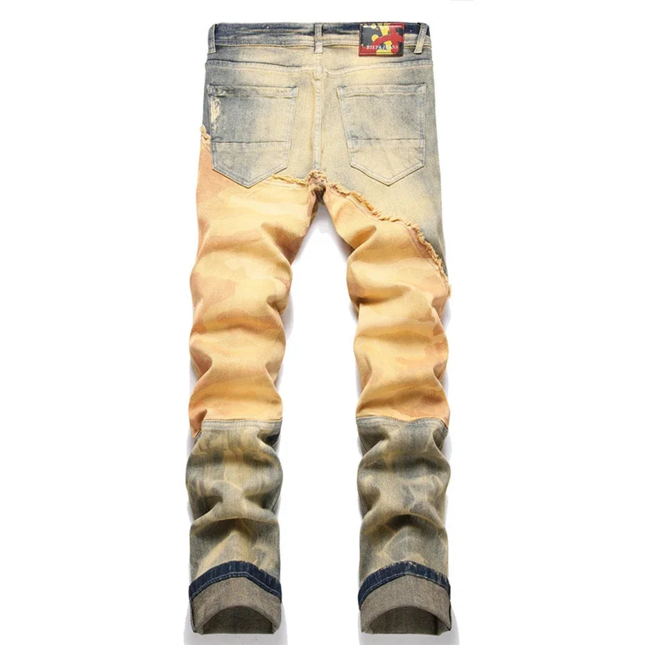men fashion slim ripped jeans color block patchwork trend denim pants streetwear hip hop jeans trousers for male stacked flare jeans