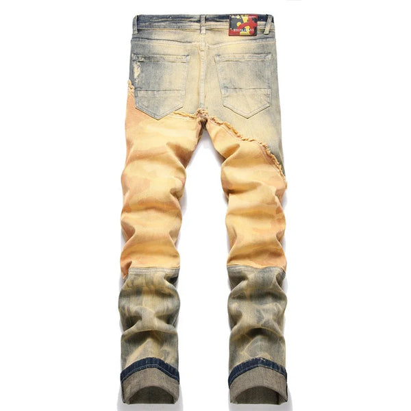 men fashion slim ripped jeans color block patchwork trend denim pants streetwear hip hop jeans trousers for male stacked flare jeans