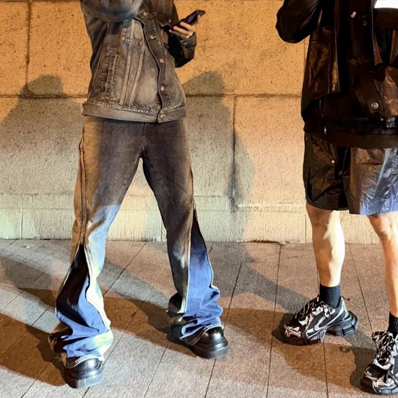 Ro Style Gradient Blue Horn Stacked Floor Dragging Jeans Unisex Streetwear Baggy Y2K Ribbons Zipper Denim Trousers Oversized