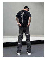 harajuku irregular scratched ripped holes denim jeans men zipper jeans hip hop streetwear new casual straight joggers jean pants unique joggers style 3958