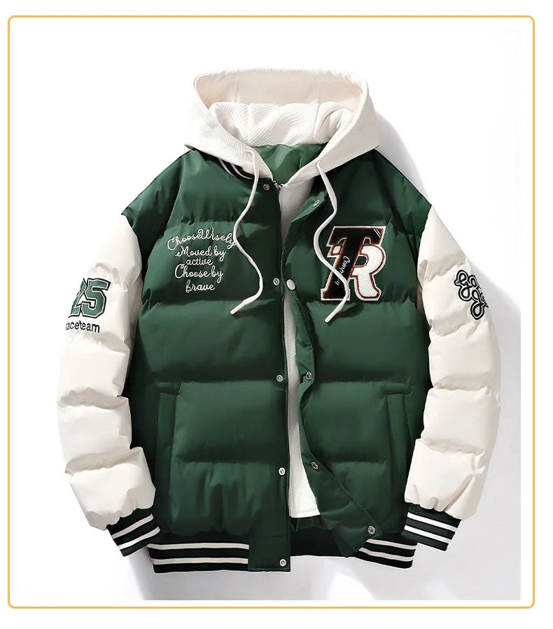 Winter Jacket Men's Two-piece  Hooded Cotton College Style Large Size Warm Baseball Varsity Jacket