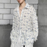 Mens Casual Feather Butterfly Long Sleeve Shirt Genderless 2024 New Fashion Personality Retro Youth All-Match Shirt Unisex
