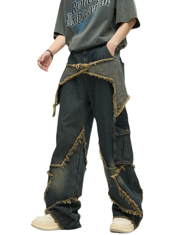fashion patchwork frayed star denim straight jean pant men casual side pocket y2k trouser unisex hip hop streetwear jeans pants urban skinny jeans