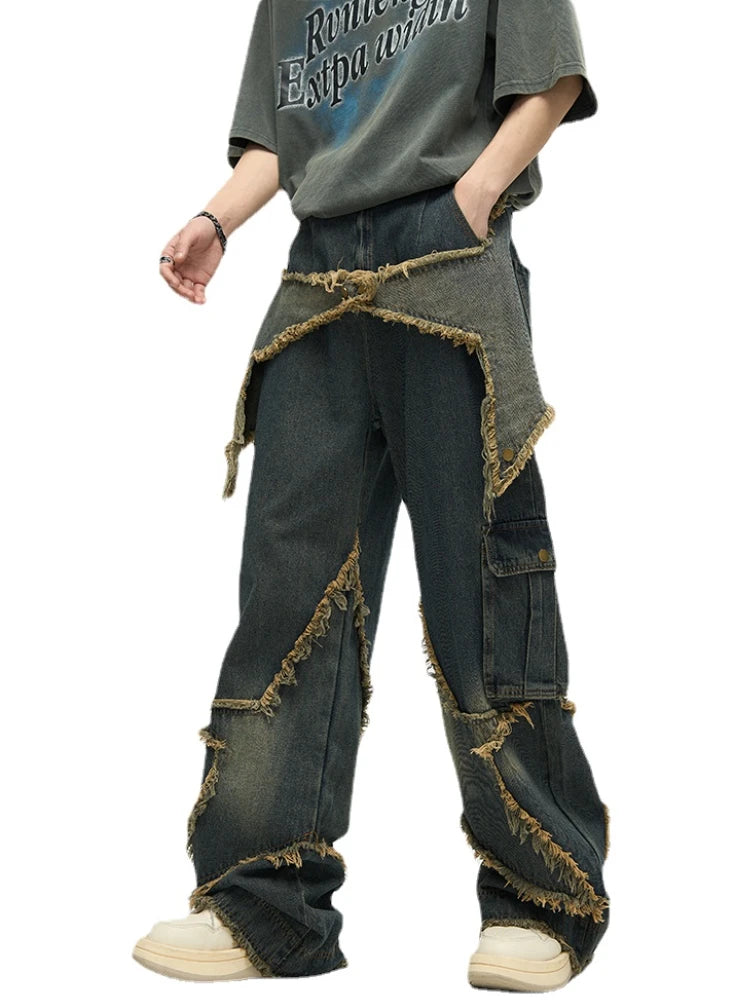 fashion patchwork frayed star denim straight jean pant men casual side pocket y2k trouser unisex hip hop streetwear jeans pants urban skinny jeans