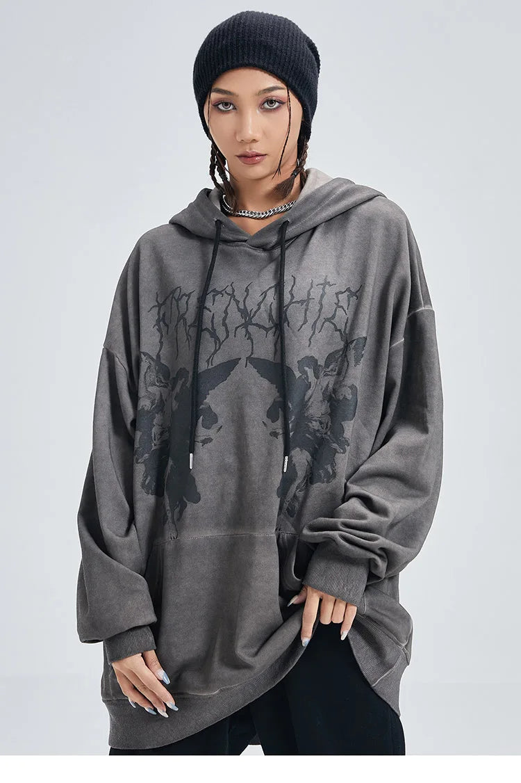 Hip Hop Streetwear Hoodie Sweatshirt Men Dark Style Angel Print Pullov