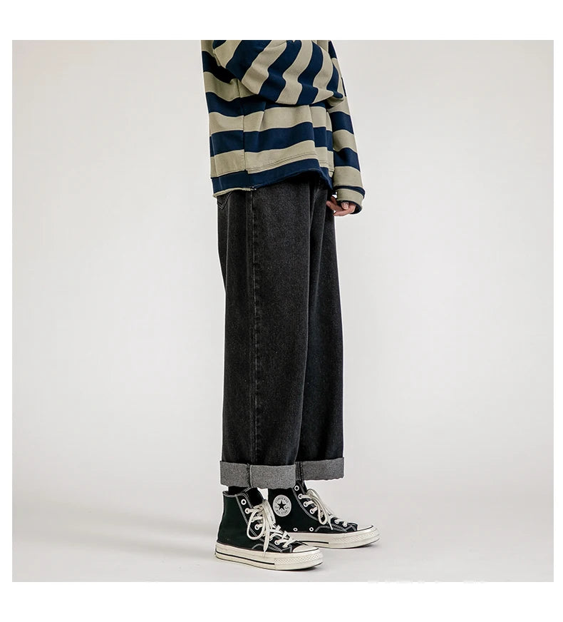 korean fashion mens baggy jeans classic all match solid color straight leg denim wide leg pants male light blue grey black unique jeans style 1137