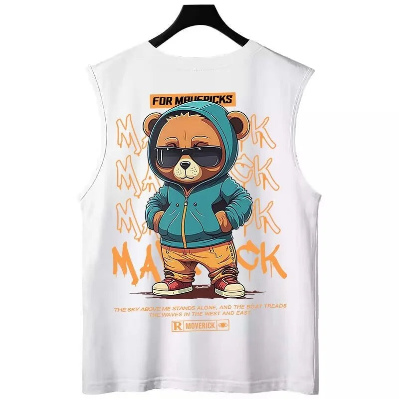 Anime Graphic tee – 2024 Hip Hop Bear Printed Tank Top Men Summer Retro Basketball