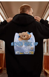 New Never Give Up Bear Printed Hoodies For Men Hip Hop Streetwear Pocket Pullover Sweatshirts Autumn Y2K Vintage Fleece Hoodie