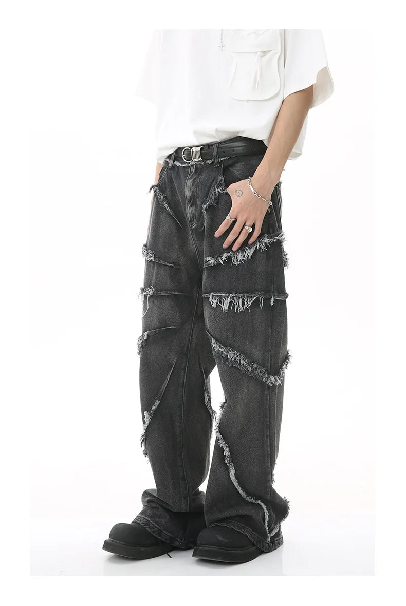 2023 european and american mens jeans new products personality trend hip hop fringed loose wide leg denim trousers unique jeans style 713