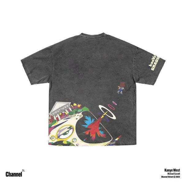Trapwear Graphic tee – Y2K Top Street Vintage Anime Print Washed Short Sleeve T Shi