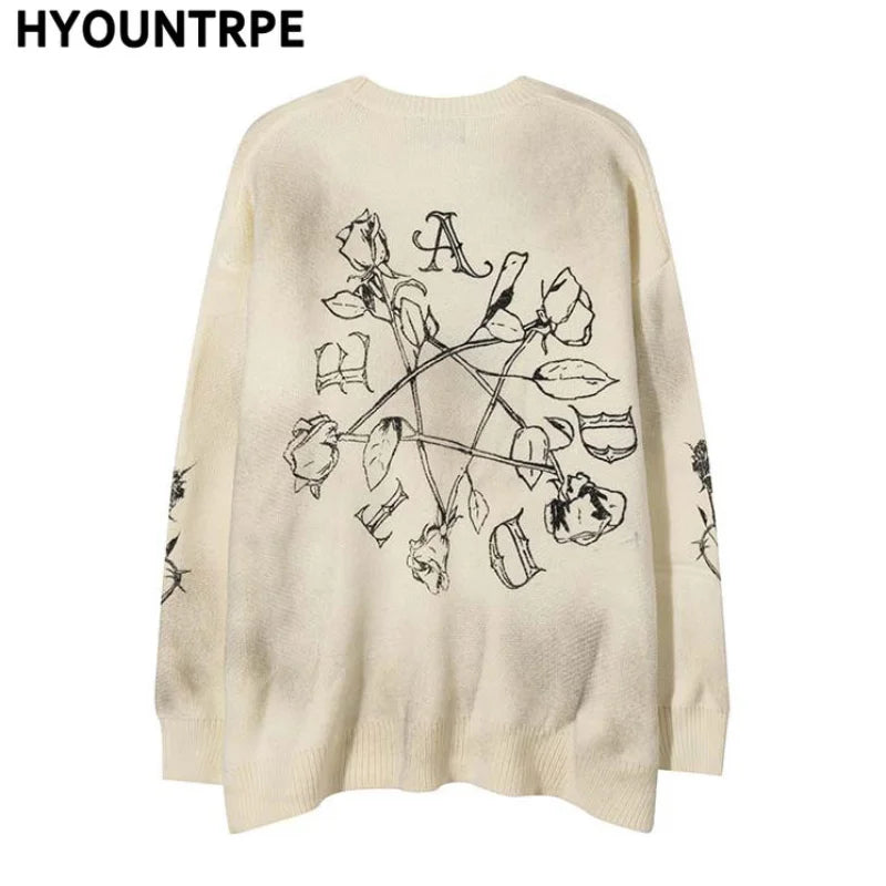 hip hop knitted sweater streetwear mens letter rose printed punk gothic oversized o neck pullover jumpers harajuku loose tops streetwear fashion hoodie, unique limited edition hoodie, Y2K vintage urban hoodie