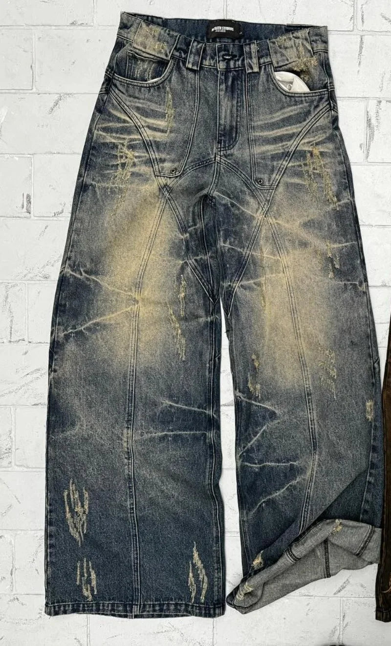 y2k jeans retro distressed high waisted baggy jeans punk hip hop men women wide leg straight denim pants slouchy streetwear unique jeans style 850