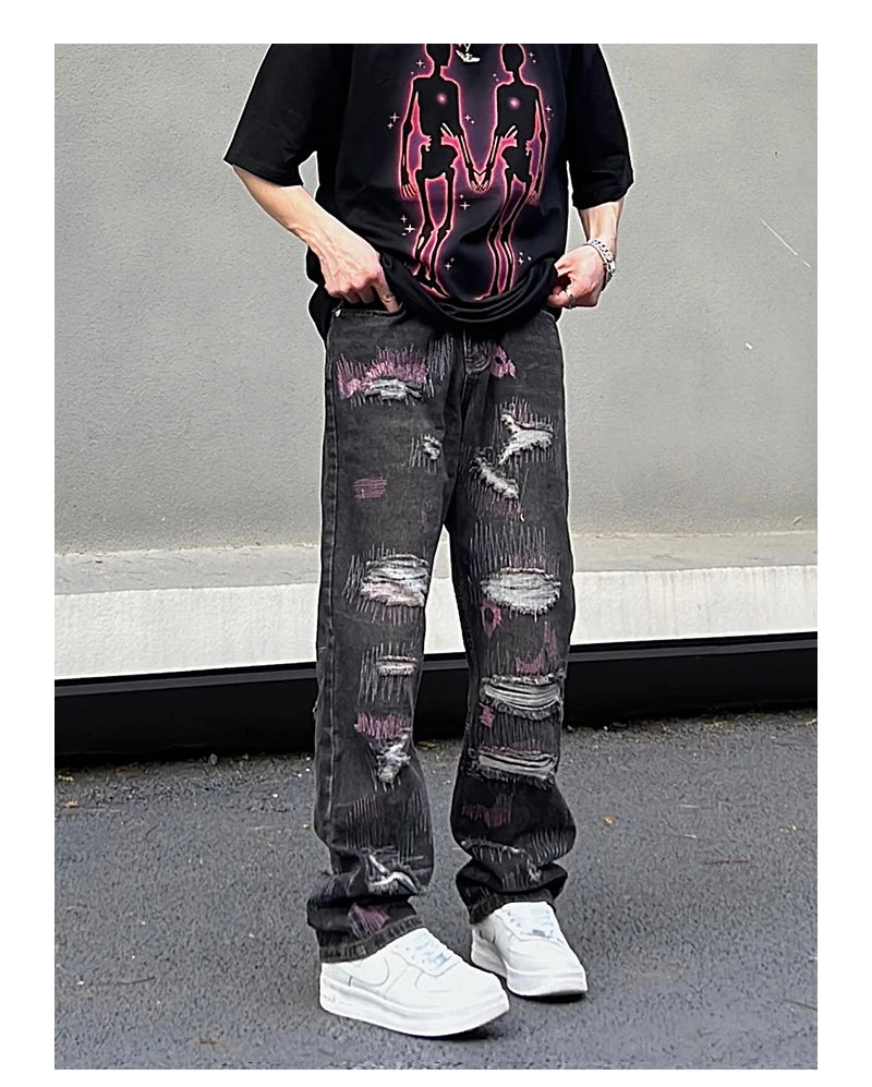 harajuku irregular scratched ripped holes denim jeans men zipper jeans hip hop streetwear new casual straight joggers jean pants unique joggers style 3952