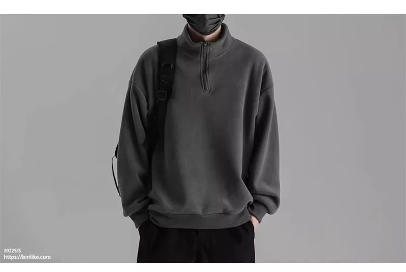 Mens Polar Fleece Half Zip Turtleneck Sweatshirts Korean Fashion Loose