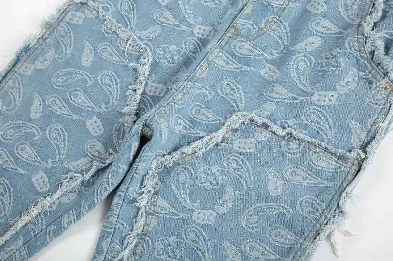 men distressed ripped patchwork paisley denim jean trouser fashion zipper biker jeans streetwear flare pants loose joggers jeans unique joggers style 5042