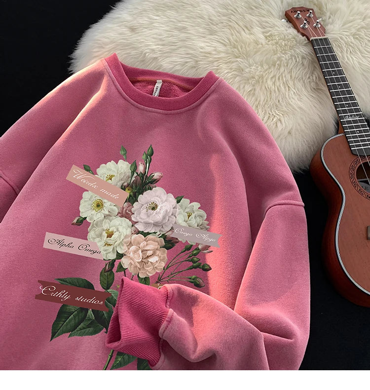 Vintage Floral Graphic Men Sweatshirt Spring Autumn Gothic Round Neck Pullover Hip Hop Streetwear Y2k Sweatshirts