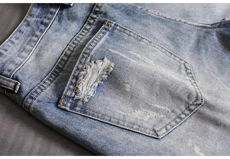Men's Denim Shorts With Holes Washed Korean Style Straight Quarter  Patch Casual Jeans