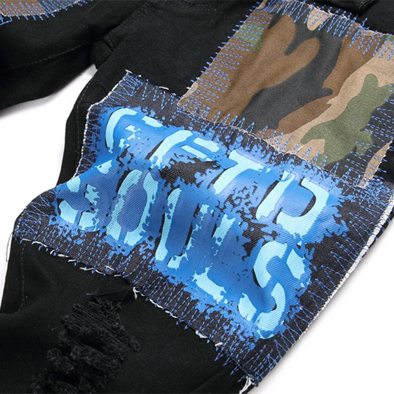 fashion ripped patchwork jeans men harajuku streetwear hip hop black jeans trend slim denim pants ripped baggy denim