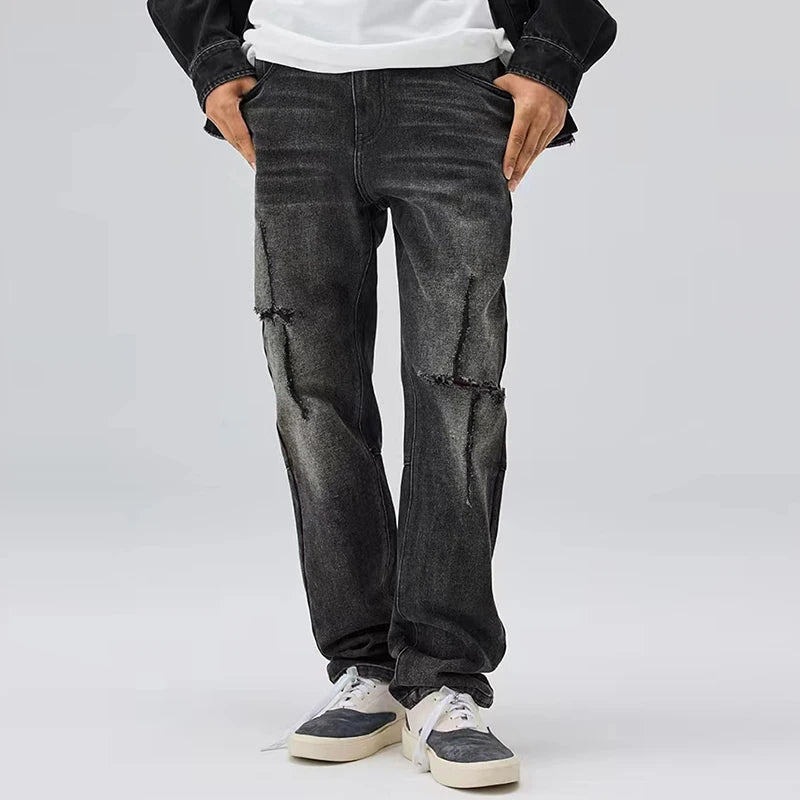 distressed hole ripped washed jeans pants for men straight retro streetwear baggy denim trousers frayed casual hip hop jean urban skinny jeans