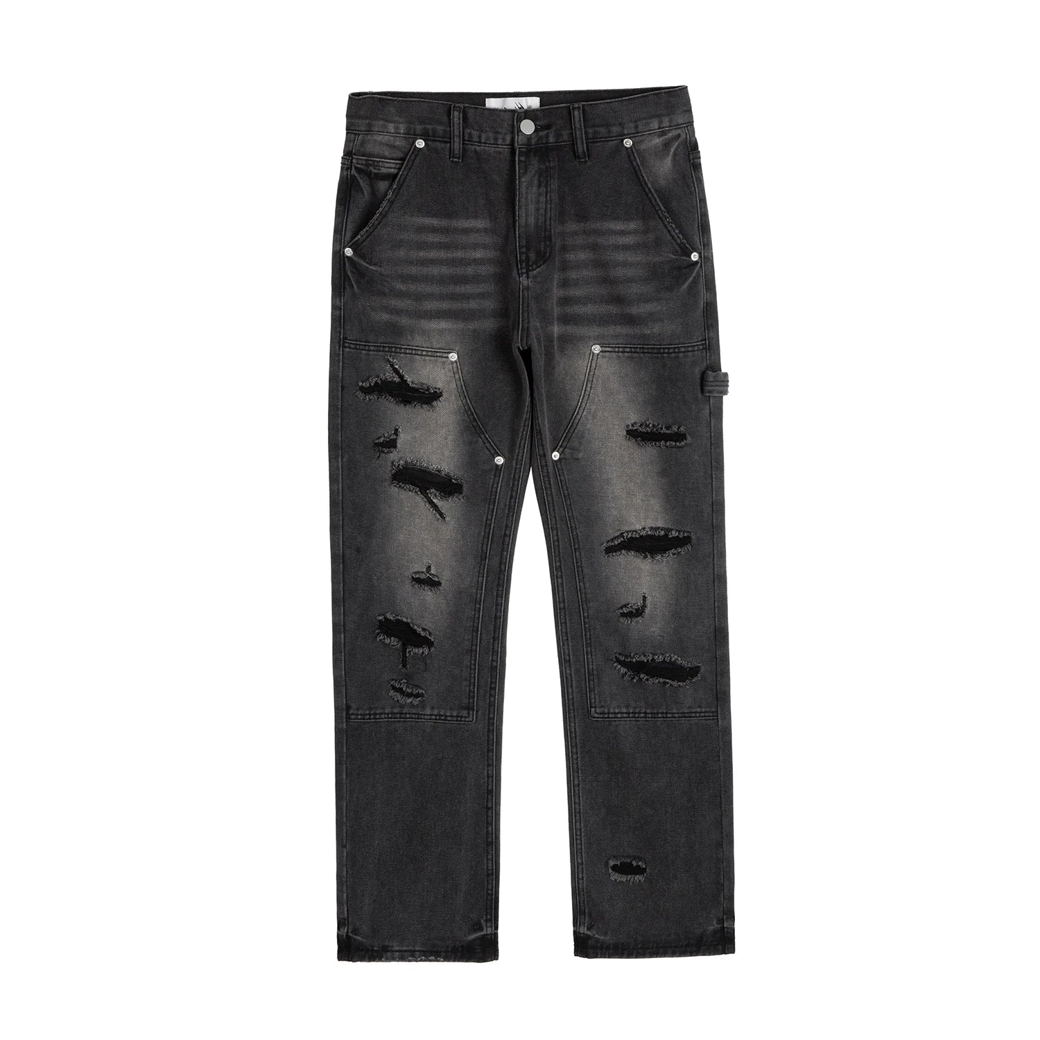 high street distressed black hole washed destroyed jeans casual ripped logging pants straight wide leg denim pants for men stacked flare jeans