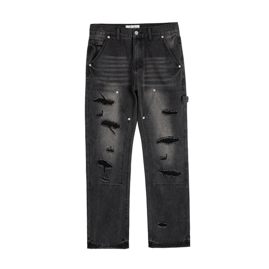 high street distressed black hole washed destroyed jeans casual ripped logging pants straight wide leg denim pants for men stacked flare jeans