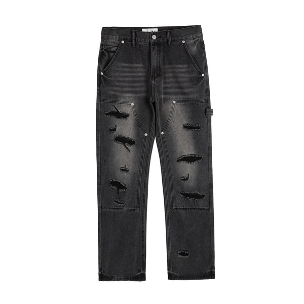 high street distressed black hole washed destroyed jeans casual ripped logging pants straight wide leg denim pants for men stacked flare jeans