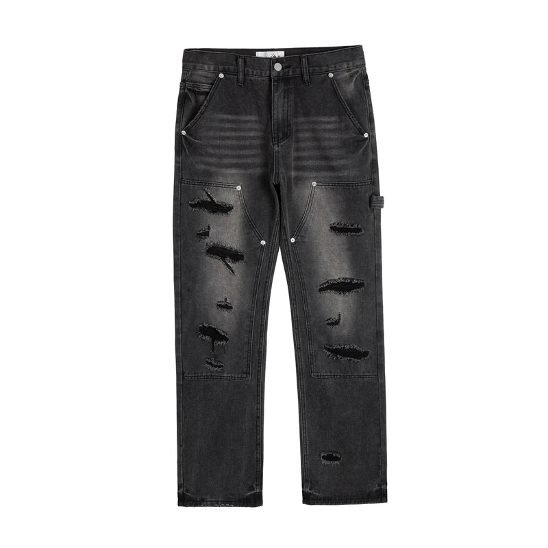 high street distressed black hole washed destroyed jeans casual ripped logging pants straight wide leg denim pants for men stacked flare jeans