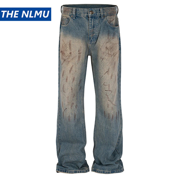 vintage blue dirty baggy jeans men hi street straight denim pants streetwear hip hop loose jeans trousers stacked flare jeans