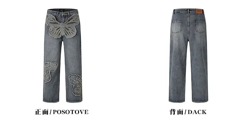 butterfly patches embroidered washed straight vintage baggy fitting jeans for men high street distressed jeans pants women unique jeans style 4476