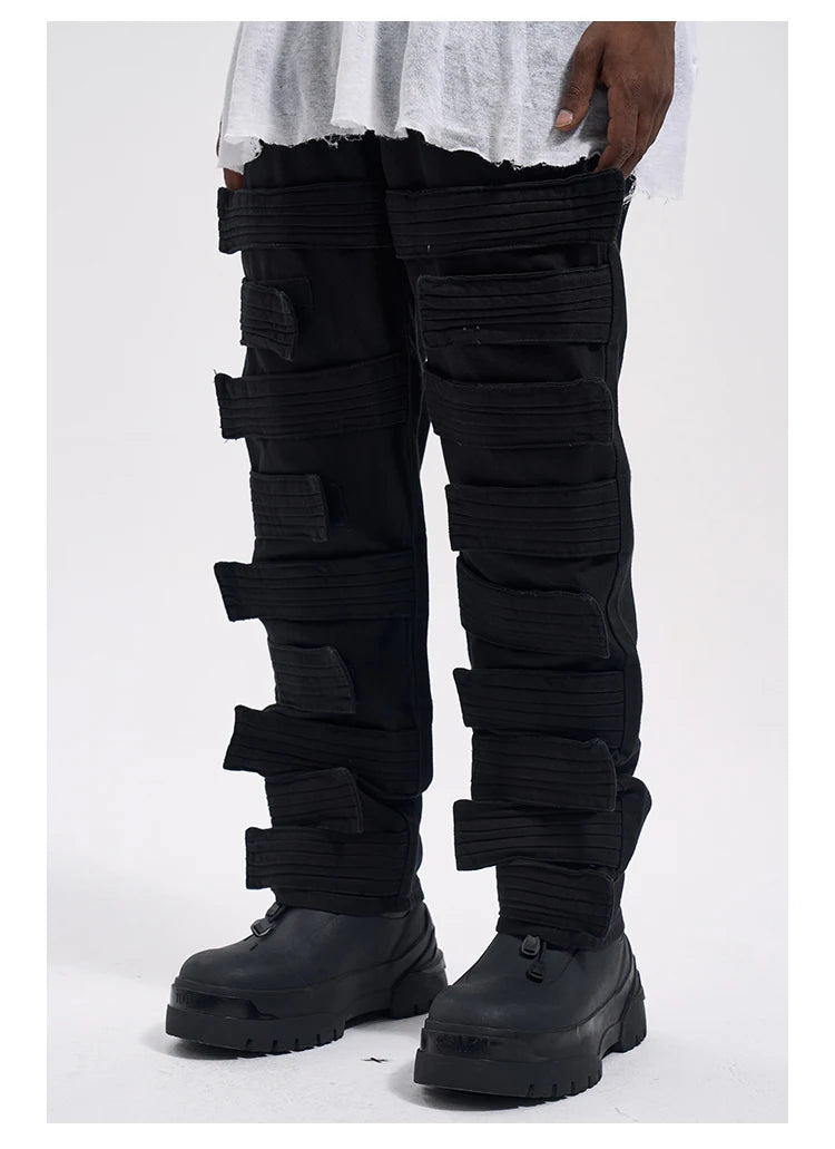 fashion velcros denim jean pants streetwear mens new casual hip hop streetwear tactical straight trousers joggers men y2k pants unique joggers style 3686