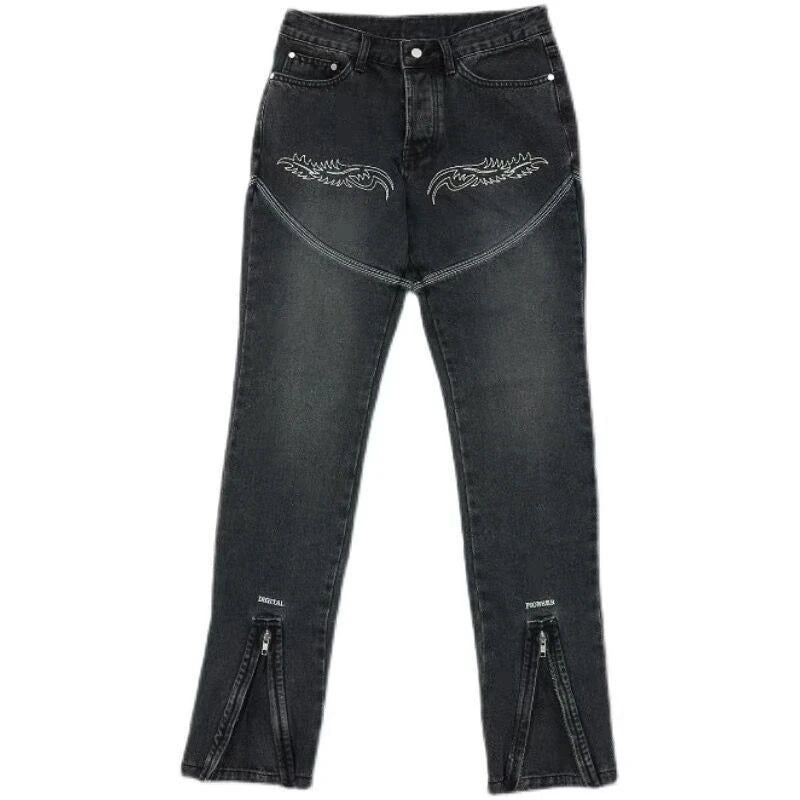 2023 dark streetwear totem embroidery vintage baggy men jeans pants feet zipper straight hip hop punk denim trousers ropa hombre ripped baggy denim