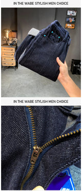 men streetwear splice denim fashion brand hip hop loose casual straight jeans pant cityboy deep blue y2k jeans trousers for men unique jeans style 1879