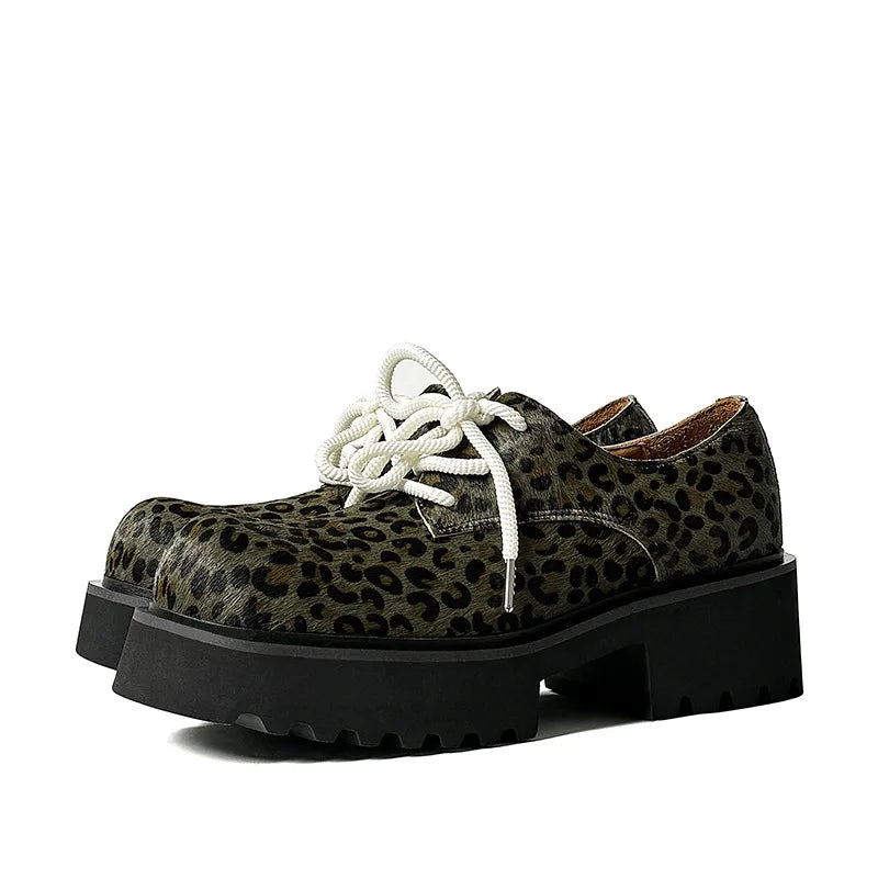 Men Leopard Genuine Leather Streetwear Fashion Casual Retro Derby Shoes Cityboy Cow Leather Height Increasing Shoes Loafers Man