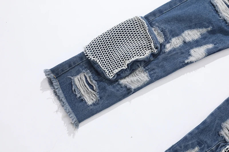 distressed skinny flared micro flare jean for mens mesh big destroyed ripped denim jeans hip hop biker jeans pants male unique jeans style 1326