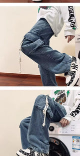american retro and personalized straight leg jeans for men and women with hiphop big pocket design work pants loose casual pants unique jeans style 768