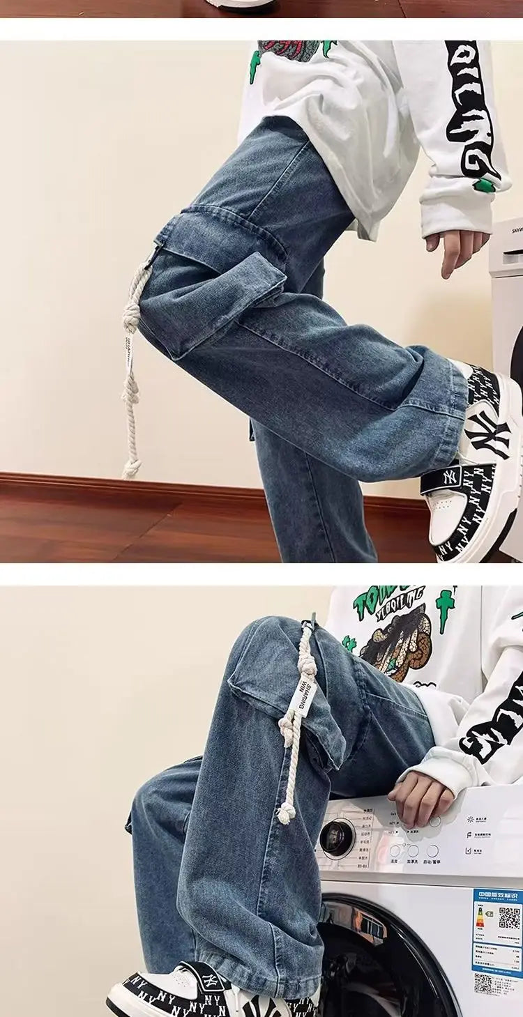 american retro and personalized straight leg jeans for men and women with hiphop big pocket design work pants loose casual pants unique jeans style 768