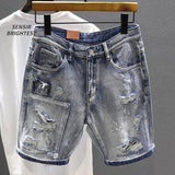 Light Blue Ripped Summer Denim Shorts Street Heavy Washed Destroyed Shorts Men