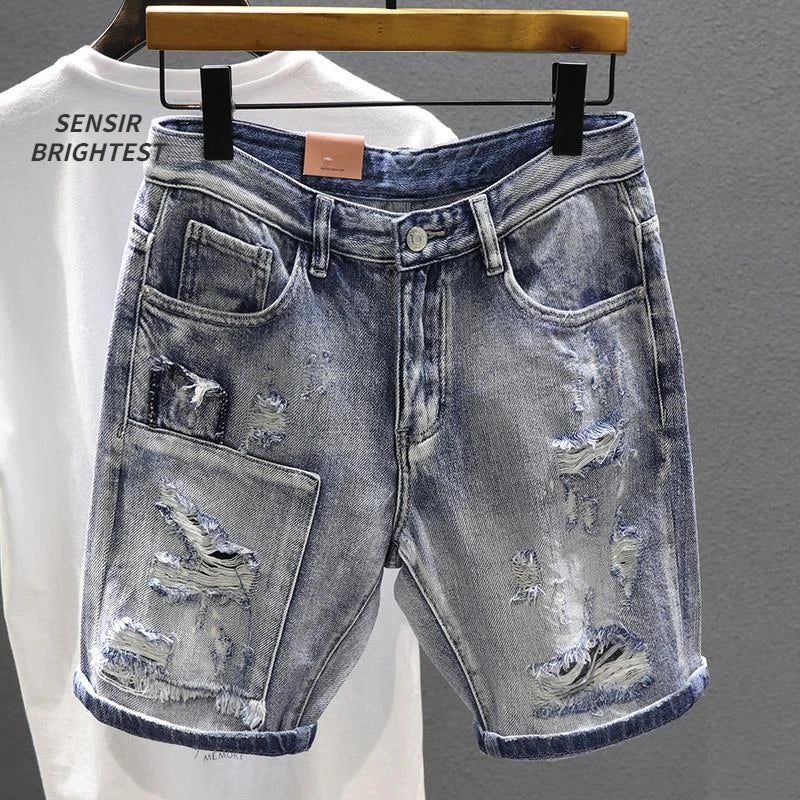 Light Blue Ripped Summer Denim Shorts Street Heavy Washed Destroyed Shorts Men