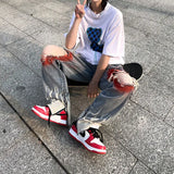 knee graffiti ripped holes denim jeans men unisex casual fire printed bottom zipper jeans streetwear hip hop jean pants joggers unique joggers style 3489
