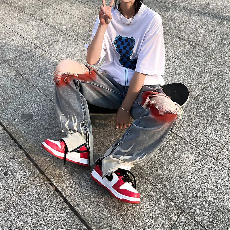 knee graffiti ripped holes denim jeans men unisex casual fire printed bottom zipper jeans streetwear hip hop jean pants joggers unique joggers style 3489