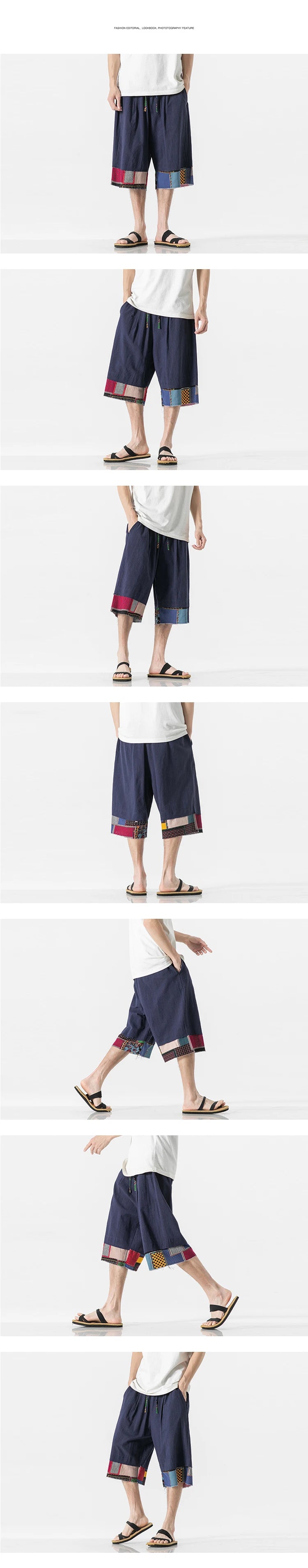 mens summer thin linen shorts loose straight mens pants japanese patchwork wind over the knee beach pants unique shorts style 3254