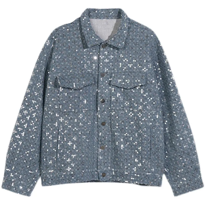 Hip Hop Sequins Denim Jacket Streetwear New Casual Long Sleeve Jean Coats Mens Autumn Winter Harajuku Cotton Outerwear blue s - variant style affeb2 for streetwear fashion