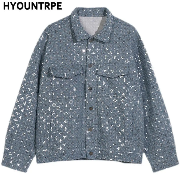 Hip Hop Sequins Denim Jacket Streetwear New Casual Long Sleeve Jean Coats Mens Autumn Winter Harajuku Cotton Outerwear blue s - variant style affeb2 for streetwear fashion