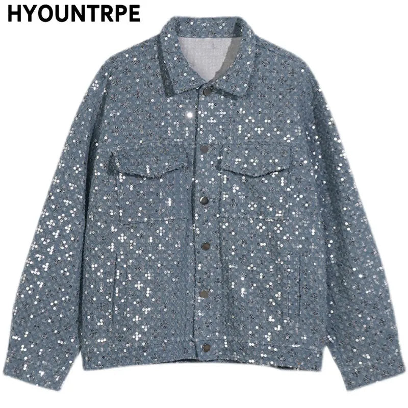 Hip Hop Sequins Denim Jacket Streetwear New Casual Long Sleeve Jean Coats Mens Autumn Winter Harajuku Cotton Outerwear blue s - variant style affeb2 for streetwear fashion