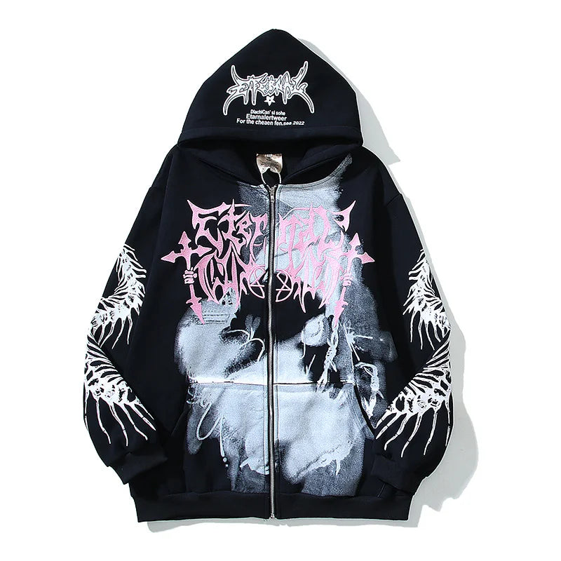 Chaopin High Street Brushed Kanye Vintage Dinosaur Bone Print Hoodie H