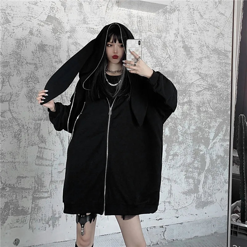 Autumn Winter Emo Bunny Hoodie Women Zip Up Kawaii Sweatshirt Rabbit E