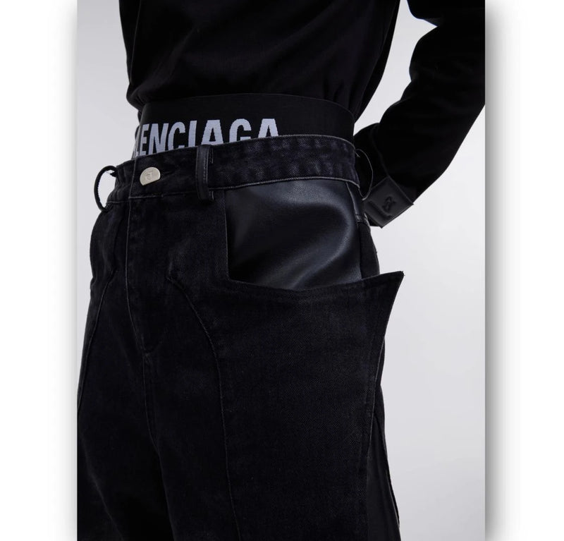 y2k retro washed splicing jeans for men new hip hop punk pu leather baggy jeans straight casual black denim trousers streetwear unique jeans style 666