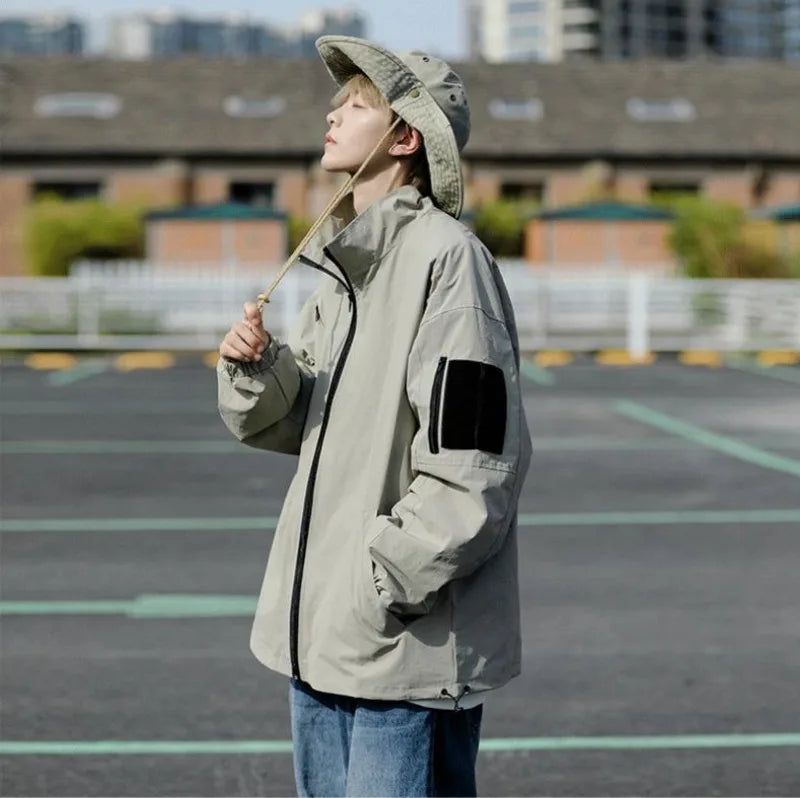 Outdoor Mens Charge Jacket Retro Loose Stand Collar Waterproof Tooling